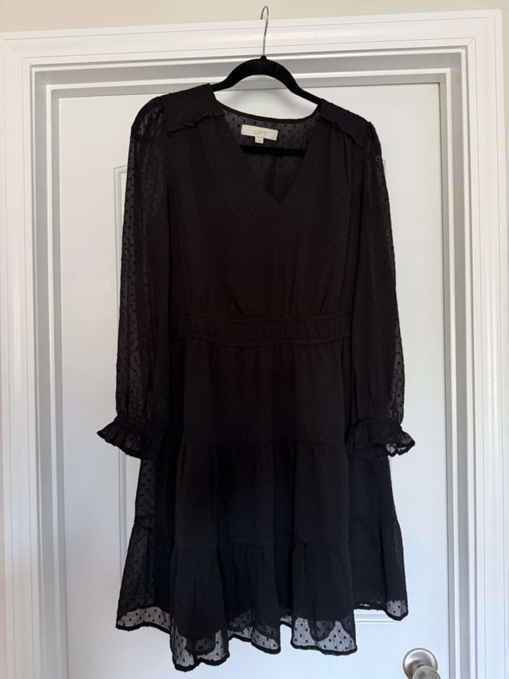 LOFT Black Sheer Swiss Dot Tiered Long-Sleeve Dress